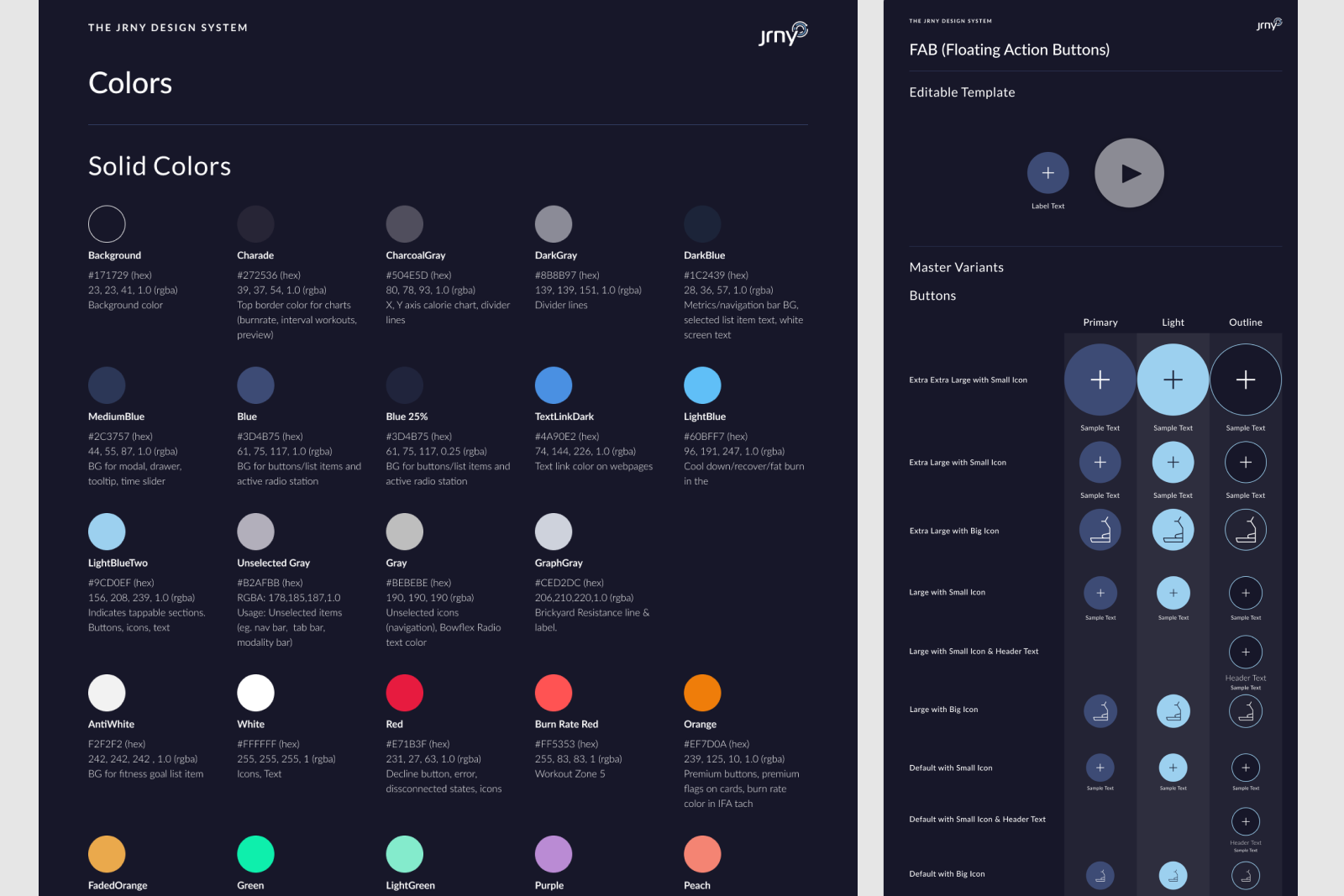 JRNY design system color styles and button components